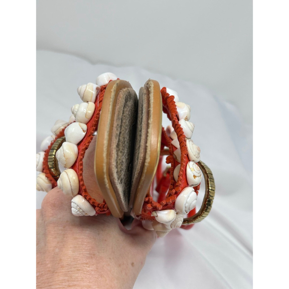 Tory Burch Sinclair Seashell Ankle Wrap Sandals Red Leather Size 7 Flat - Picture 7 of 7